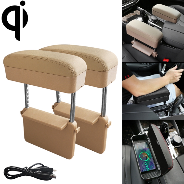 CRP0959Q.jpg 2 uds. Cargador estándar Qi inalámbrico Universal para coche, caja de reposabrazos envuelta en cuero PU, cojín, compartimento de reposabrazos para coche, alfombrilla con caja de almacenamiento, 2pcs(Beige) - Imagen 1