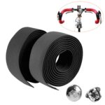 1 par de cinta para manillar de bicicleta de carretera y deportes con corcho + 2 enchufes de barra, 2m Black