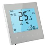 Termostato de ambiente programable de 2 tubos para aire acondicionado con pantalla LCD para unidad de bobina de ventilador (blanco)