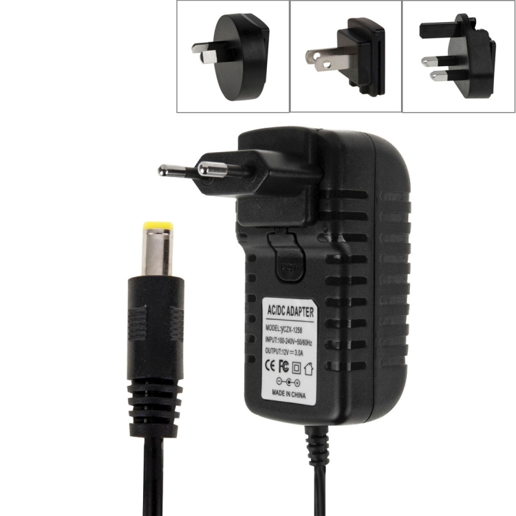 S-TC-6003B.jpg Enchufe europeo 4 en 1 + enchufe estadounidense + enchufe británico + enchufe australiano Adaptador de corriente CA 100-240 V a CC 12 V 3 A, puntas: 5,5 x 2,1 mm, longitud del cable: aproximadamente 1,2 m, EU+US+UK+AU Plug - Imagen 1