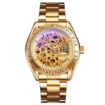 SKMEI 9194 Reloj mecánico automático con banda de acero y esqueleto para hombre, Golden Gold Face