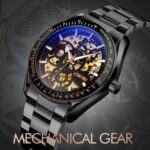 SKMEI 9194 Reloj mecánico automático con banda de acero y esqueleto para hombre, Golden Gold Face - Imagen 3