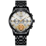 FNGEEN 4001 Reloj no mecánico para hombre Reloj de cuarzo multifunción, Black Steel White Surface Gold Nails