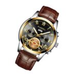 FNGEEN 4001 Reloj no mecánico para hombre Reloj de cuarzo multifunción, Brown Leather Gold Black Surface - Imagen 2