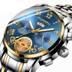 FNGEEN 4001 Reloj no mecánico para hombre Reloj de cuarzo multifunción, Brown Leather Gold Black Surface - Imagen 3