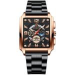 BINBONG B6575 Hombres Vintage Cuadrado Multifuncional Impermeable Reloj de Cuarzo Luminoso, Black-Rose Gold-Black-Rose