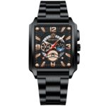 BINBONG B6575 Hombres Vintage Cuadrado Multifuncional Impermeable Reloj de Cuarzo Luminoso, Black-Black-Black-Rose