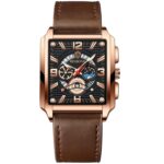 BINBONG B6575 Hombres Vintage Cuadrado Multifuncional Impermeable Reloj de Cuarzo Luminoso, Brown Leather-Rose Gold-Black