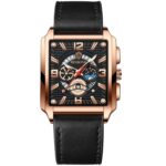 BINBONG B6575 Hombres Vintage Cuadrado Multifuncional Impermeable Reloj de Cuarzo Luminoso, Black Leather-Rose Gold-Black