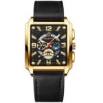 BINBONG B6575 Hombres Vintage Cuadrado Multifuncional Impermeable Reloj de Cuarzo Luminoso, Black Leather-Full Black-Black