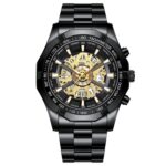 BINBOND S033 Mecánico ahuecado 30m Reloj de cuarzo luminoso impermeable, Black Steel-Black-Gold
