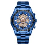 BINBOND S033 Mecánico ahuecado 30m Reloj de cuarzo luminoso impermeable, Blue Steel-Blue