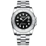 BINBOND B930 Metal Gear Reloj de cuarzo luminoso 30M Reloj deportivo resistente al agua, White Steel-Black