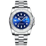 BINBOND B930 Metal Gear Reloj de cuarzo luminoso 30M Reloj deportivo resistente al agua, White Steel-Blue