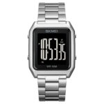 SKMEI 1879 Reloj luminoso EL multifunción con correa de acero para hombre con pantalla grande cuadrada, Silver
