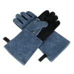 Guantes de cuero de vaca para barbacoa Guantes de protección de soldadura de horno anti-calientes gruesos, A2416 14 inch Gray Black