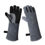 Guantes de cuero de vaca para barbacoa Guantes de protección de soldadura de horno anti-calientes gruesos, A2415 16 inch Gray Black