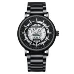 BINBOND B7872 Reloj de cuarzo resistente al agua luminoso hueco multifuncional, Black Steel-Black-White