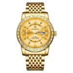 BINBOND B2202 Reloj de cuarzo luminoso con doble calendario y diamantes, Full-gold-Gold