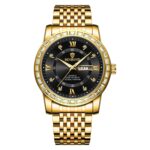 BINBOND B2202 Reloj de cuarzo luminoso con doble calendario y diamantes, Full-gold-Black