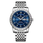BINBOND B2202 Reloj de cuarzo luminoso con doble calendario y diamantes, White Steel-Blue