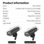 Faro delantero para bicicleta WEST BIKING, recargable, de alto brillo, tipo C, resistente al agua, Regular - Imagen 2