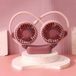 Outdoor Folding Mini Neck Fan Portable USB Rechargeable Summer Gift Fan, Bear Pink Purple