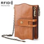 LT3539 Bolso de mano tipo billetera RFID antimagnético con hebilla de cremallera de cuero de vaca para hombre, con ranuras para tarjetas y correa para el hombro, LT3539 Yellowish-brown