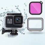 Estuche impermeable de 45 m + cubierta trasera táctil + filtro de lente de color para GoPro HERO8 negro, Case + Touch Cover + Purple Filter for GoPro8