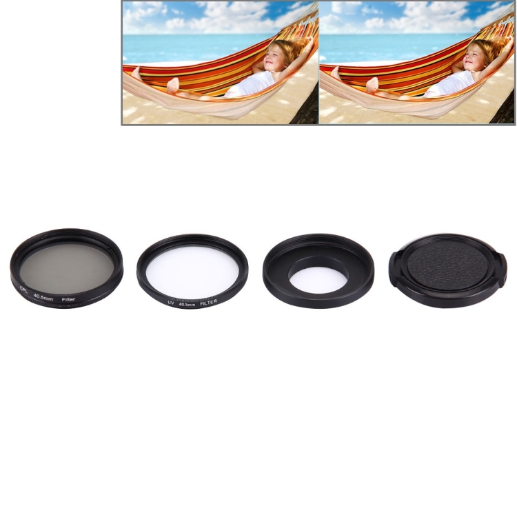 DCA0666.jpg JUNESTAR 4 en 1 Filtro de lente profesional de 40,5 mm (CPL + UV) y carcasa impermeable Anillo adaptador y tapa protectora de lente para cámara de acción deportiva GoPro HERO4 / 3+ / 3 - Imagen 1
