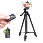 YUNTENG VCT-5208RM Soporte de trípode de aleación de magnesio y aluminio con control remoto Bluetooth, cabezal de trípode y abrazadera para teléfono para cámaras SLR y teléfonos inteligentes, altura: 125 cm