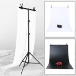 Kit de soporte de fondo para estudio fotográfico en forma de T de 70x200cm con barra transversal y fondo de PVC negro/blanco de 70x140cm.