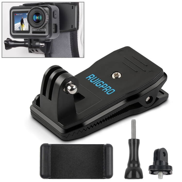 DOP0065B.jpg RUIGPRO Mochila con rotación de 360 grados Rec-Mounts Clip Clamp Mount + Abrazadera para teléfono para GoPro HERO9 Black / HERO8 Black /7/6/5/5 Session /4 Session /4/3+ /3/2/1, DJI Osmo Action, Xiaoyiy otras cámaras de acción, Rec-Mounts+Clamp - Imagen 1
