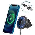 MRIOWIZ M-2002W 15W 360 grados Magsafe Magsafe Cargador inalámbrico de automóvil magnético para la serie iPhone 12, con cable de datos USB + USB-C / Type-C, longitud del cable: 1m