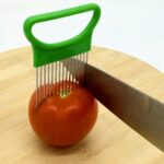 Herramientas de cocina con aguja para carne, soporte para cortador de cebolla y verduras de acero inoxidable, Green