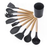 kn082 Juego de utensilios de cocina de silicona con mango de madera 9 en 1 y cubo de almacenamiento, Black