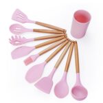kn082 Juego de utensilios de cocina de silicona con mango de madera 9 en 1 y cubo de almacenamiento, Pink