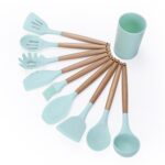 kn082 Juego de utensilios de cocina de silicona con mango de madera 9 en 1 y cubo de almacenamiento, Green