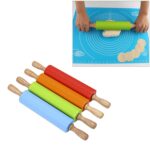 kn055 Rodillo de silicona con mango de madera maciza Palo de bola de masa antiadherente para alimentos, Longitud: 29 cm, Entrega de colores aleatorios