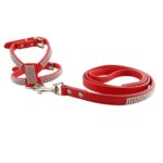 Arnés para perro suave y transpirable de PU con diamantes de imitación, chaleco para mascota, correa para el pecho para perro, correa, collar para perro, tamaño: M - Imagen 3