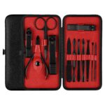 12 en 1 kits avanzados de manicura y pedicura para el cuidado de uñas de acero inoxidable con estuche de cuero, Red+Black, Yellow+Black