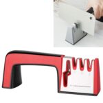 Afilador de cuchillos de acero inoxidable 4 en 1, herramienta de afilado rápido manual de cuatro secciones con Mango antideslizante, 4 in 1 (Red)