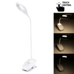 Lámpara de escritorio LED con atenuador táctil de brillo de 3 grados TGX-770, 28 LED Cuello de ganso flexible Diseño de anillo hueco Luz de protección ocular con clip y función de luz nocturna pequeña
