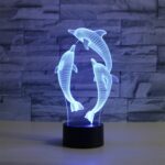 Lámpara de mesa de luz LED colorida con forma de tres delfines 3D, versión teledirigida de 16 colores