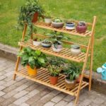 Soporte para plantas colgante de bambú de 3 niveles, estantes para jardineras, estante de almacenamiento para macetas, estantería de exhibición plegable, estante para plantas, ancho: 100 cm, 3-Tie Width: 100cm(Apricot) - Imagen 2