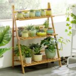 Soporte para plantas colgante de bambú de 3 niveles, estantes para jardineras, estante de almacenamiento para macetas, estantería de exhibición plegable, estante para plantas, ancho: 70 cm, 3-Tier Width: 70cm(Apricot)