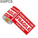 500 PCS Caja exterior autoadhesiva Etiqueta de advertencia en inglés Etiqueta frágil, Tamaño: 76x127 mm
