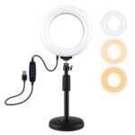 PULUZ Soporte de escritorio de base redonda + 6.2 pulgadas 3 modos USB Regulable Anillo LED Vlogging Video Light, Altura ajustable: 18cm-28cm