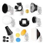 Falcon Eyes SG-100 Speedlite, kit de accesorios, montaje de adaptador universal / barndoor / snoot / nido de abeja / reflector estándar / nido de abeja para reflector blando / bola difusora / gel de color / caja de luz