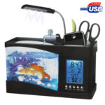 Acuario de escritorio USB Mini pecera con agua corriente y 6 luces LED, pantalla de reloj LCD con calendario, hora y alarma (contiene 1,5 cuartos de agua) (negro)